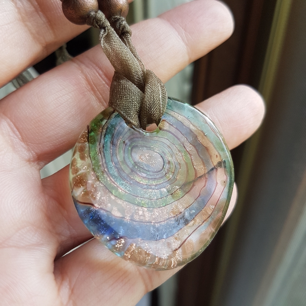 Murano Glass Pendant Choker Necklace in Neutral Colors on Organza Ribbon Cord - Picture 9 of 12